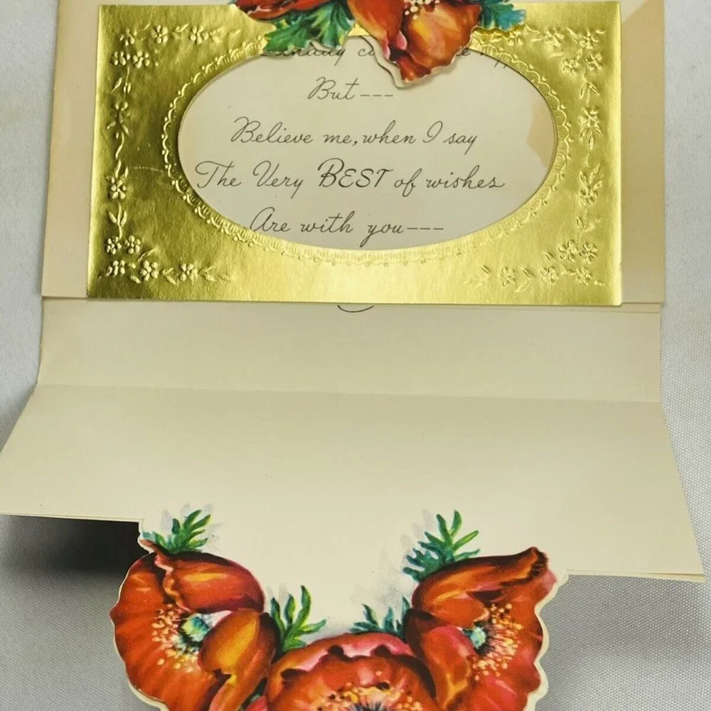 Vintage UNUSED Belated Birthday Poppy Die-Cut Embossed Artistic Greeting Card